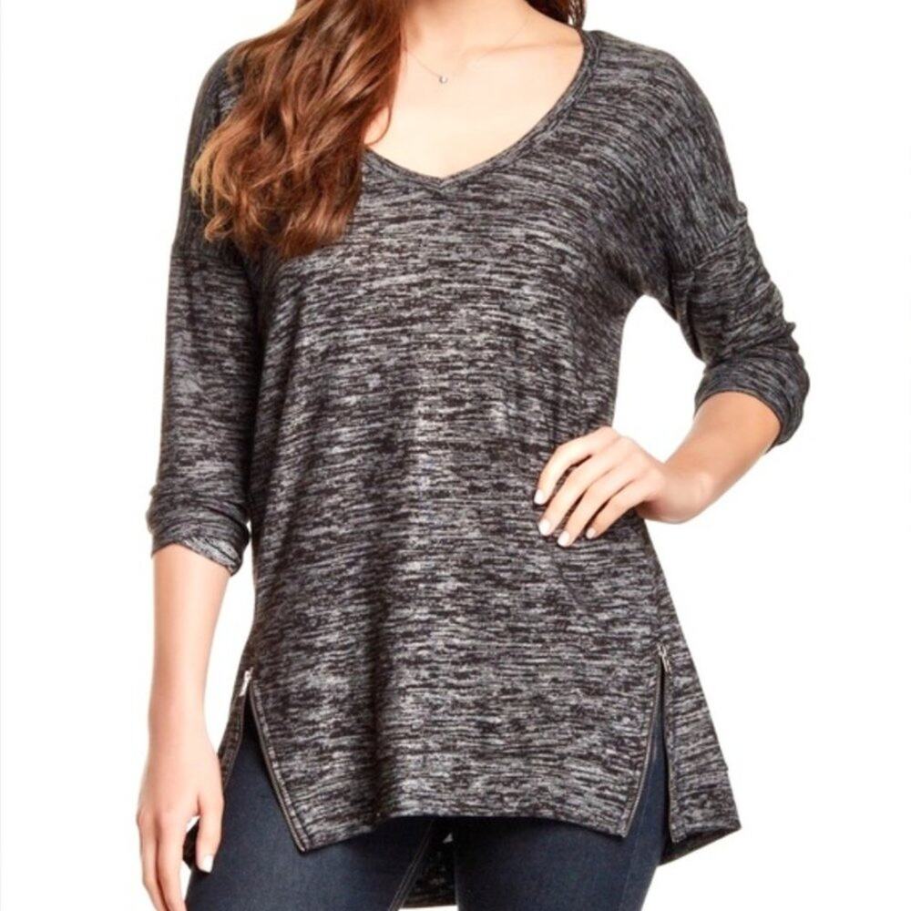Splendid Zipper Sides Long Sleeve Heathered Relaxed Top Charcoal Grey Medium